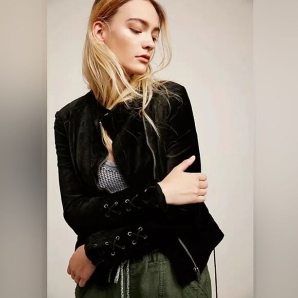 Free People Jackets & Blazers - Free People Lacey Velvet Corset Lace-Up Moto Black Jacket. XS